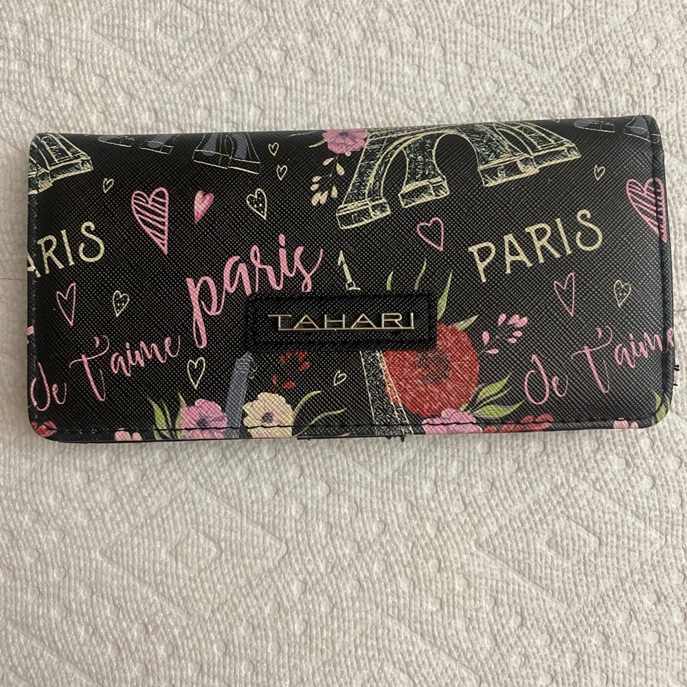 Tahari Slim Clutch Paris Motif Black and Pink Floral NWOT